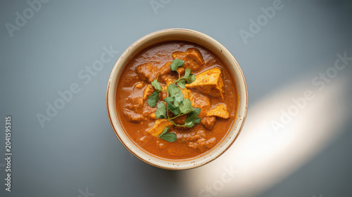 Creamy butter chicken curry in ceramic bowl with cilantro garnish on blue surface top view.