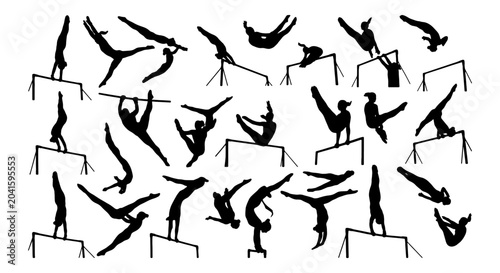 Tableau sur toile Gymnastics Silhouettes Collection: Dynamic Poses on Parallel Bars, Artistic Athl