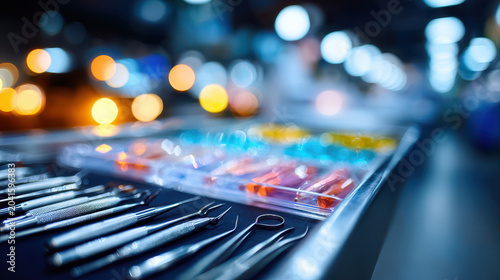 Drawer of dental instruments and sterilized tools neatly arranged in tray for clinic background and medical equipment banner