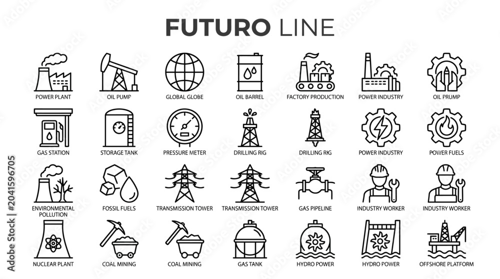 Fototapeta premium Futuro Line: a detailed collection of futuristic technology and industry icons in a clean line style for graphic design
