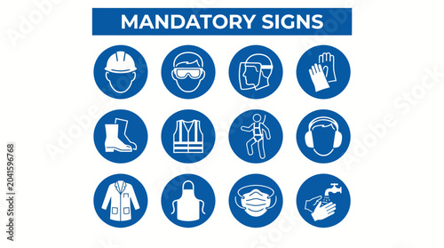 Mandatory Safety Signs Poster with blue circular PPE symbols illustrating hard hat, goggles, gloves, ear protection and other personal protective equipment.