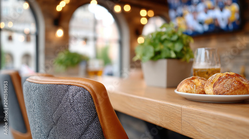 Cozy bar interior with wooden counter, plate of bread and glass of beer for restaurant background and hospitality banner design