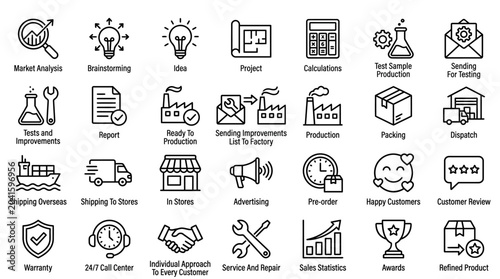 Complete set of business and marketing icons for analytics, ecommerce, logistics, advertising, branding, and customer service.