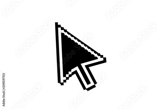 Black and white pixel art mouse cursor pointing upward isolated on white background