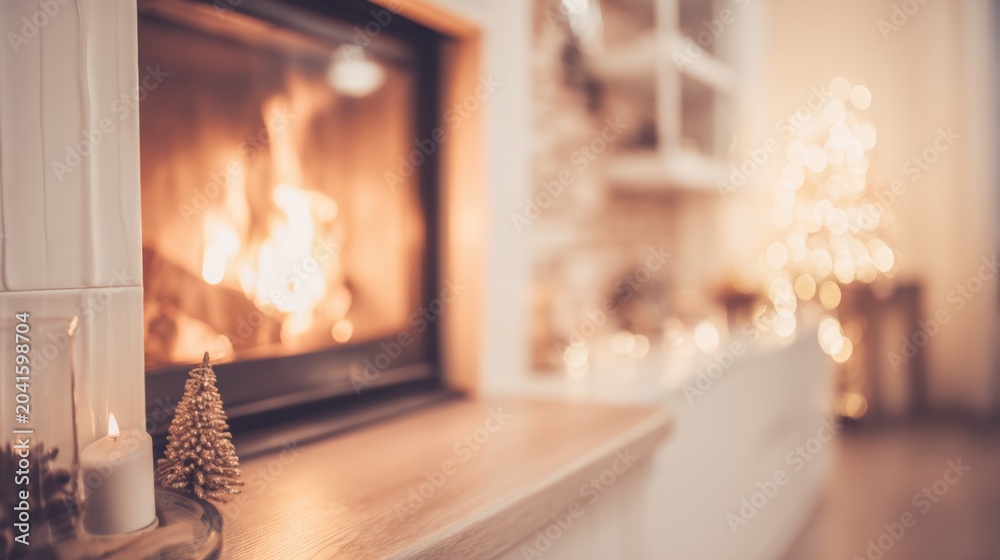 Naklejka premium Warm fireplace in cozy room during winter holiday season
