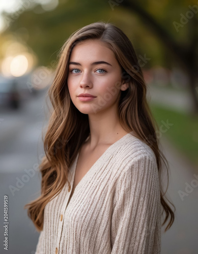 Portrait of Young Girl in Summer Nature with Blurred Background, Soft Green Bokeh for Beauty, Fresh or Relaxing Concept