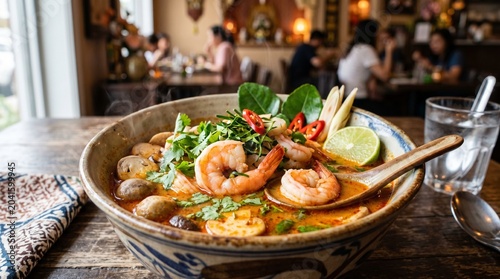 Tom yum soup with shrimp, mushrooms, and fresh herbs in a traditional bowl.