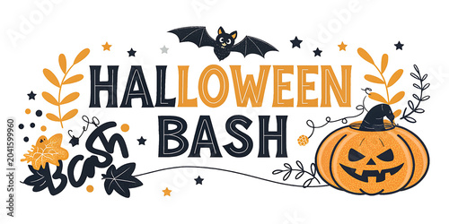 Photos Halloween bash party invitation template with bat and pumpkin isolated on transp