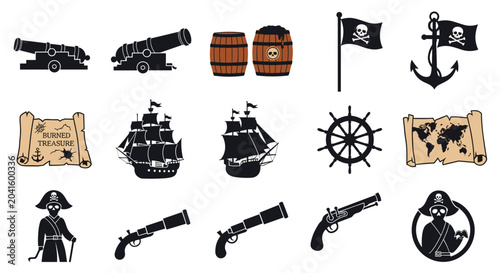 Extensive collection of pirate themed icons and silhouettes including sailing ships, cannons, treasure maps, and anchors.