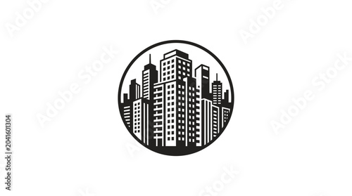 City skyline with tall buildings.