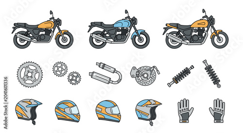 Comprehensive set of motorcycle parts and accessories including different bikes, helmets, gloves, and mechanical gear.