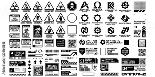 Collection of futuristic cyberpunk corporate tags with scifi design icons. Barcode graphics and maintenance labels designed for scifi user interfaces and product packaging on white backgrounds.