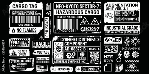 Futuristic shipping cargo labels with scifi industrial cybernetic symbols. Retro futuristic streetwear element, cyberpunk aesthetic decals. Vector illustration.