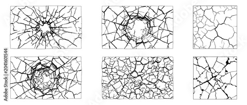 Broken window glass shards and shattered mirror texture patterns set. Various shattered glass frame textures showing impact points and radiating cracks. Vector illustrations.