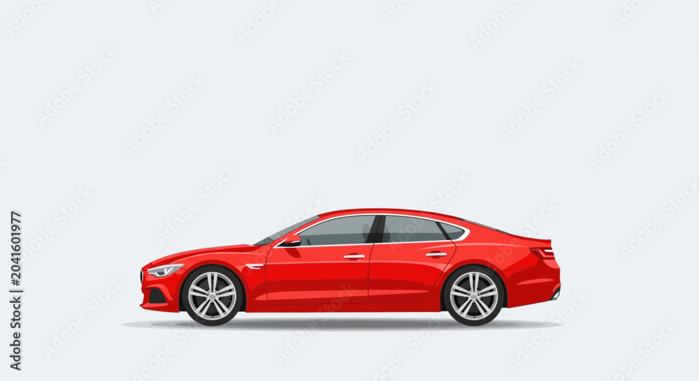 Obraz premium Red Sedan Car Side View Isolated on White Background, Modern Vehicle Design