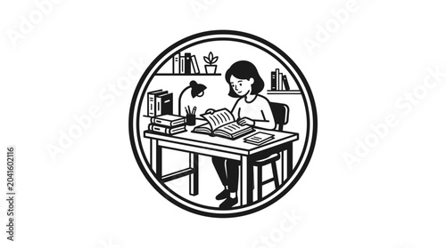 Bilde på lerret Boy sitting at desk studying books.