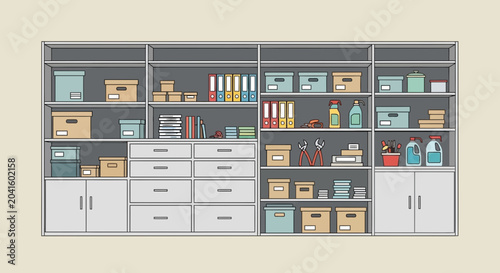 Foto Organized Storage Shelving Unit with Boxes, Folders, and Supplies