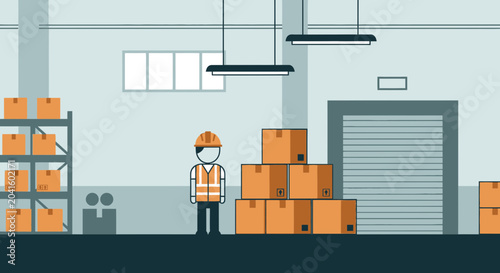 Bild auf Leinwand Warehouse worker supervising stacked cardboard boxes in a distribution center
