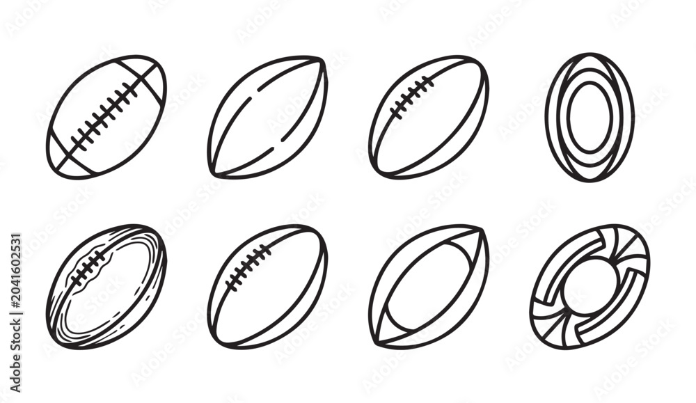 Fototapeta premium Eight different rugby balls arranged in a grid on a white background in a simple line drawing style