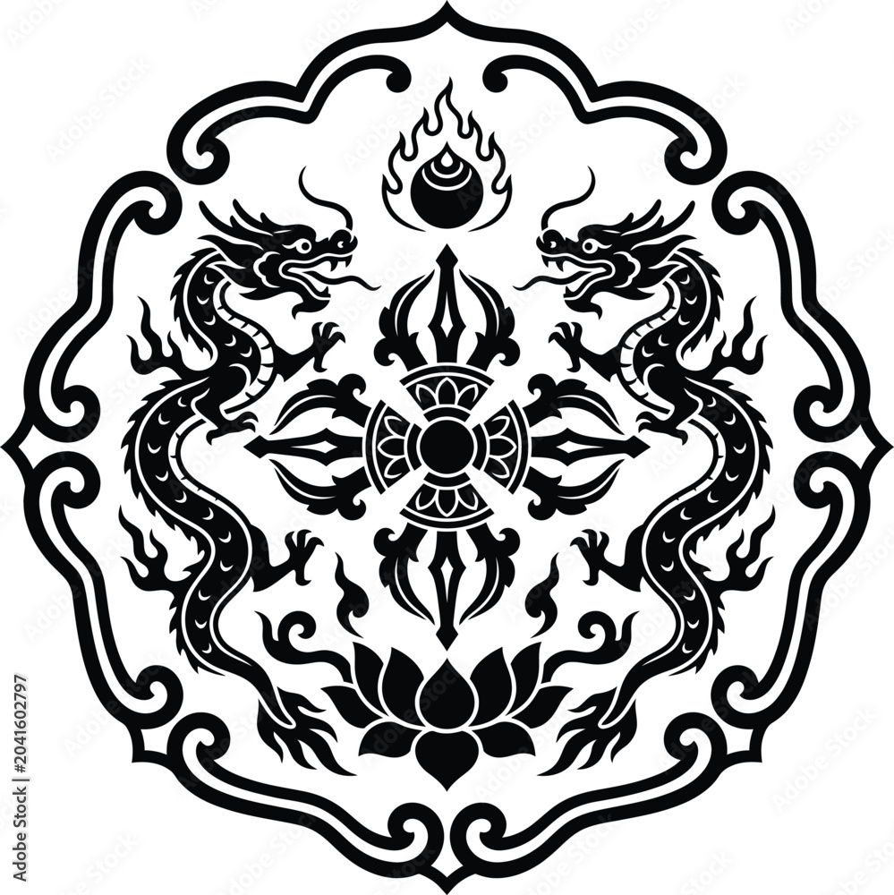 Fototapeta premium Ornate spiritual symbol featuring symmetrical oriental dragons facing a central double vajra above a sacred lotus flower.