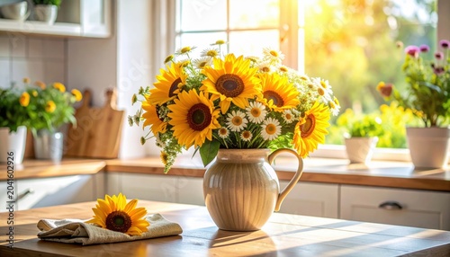 Vibrant Sunflower Bouquet in a Ceramic Vase on a Kitchen Table Bathed in Golden Sunlight