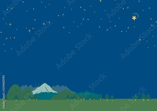 Tableau sur toile 星が降る夜の山と星空背景イラスト_コピースペースあり_横位置