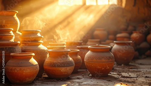 Warm Sunlight Illuminates Stacked Earthenware Pots in a Rustic Pottery Workshop
