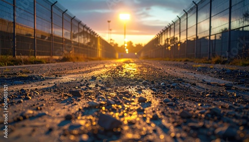 Warm Sunset Light Illuminates a Gravel Path Lined with Fences, Creating Dramatic Perspective