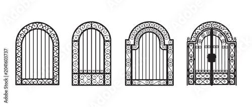 Fotografie Set of four decorative black wrought iron arched gates with classic ornamental metal patterns