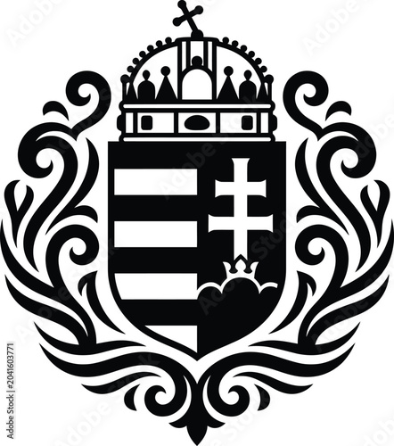 Obraz na płótnie Black and white vector drawing of the historic Hungarian coat of arms featuring the crown of saint stephen