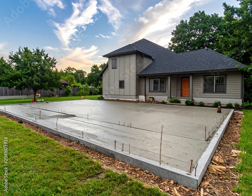 Newly Poured Concrete Driveway Slab Beside Modern Suburban House at Sunset