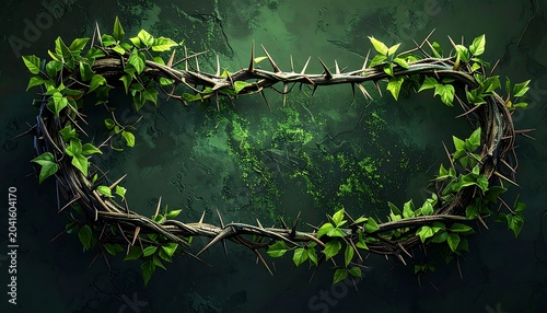 Thorny Green Vine Wreath Arranged on Dark Forest Textured Background