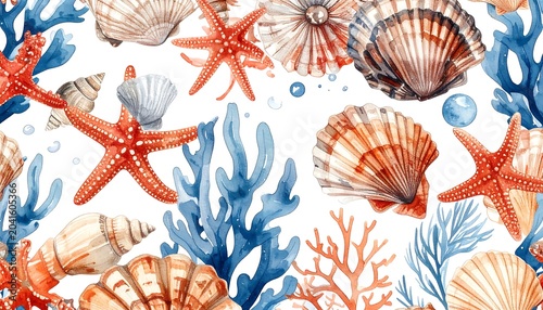 Colorful Watercolor Seashells Starfish and Coral Arranged on White Marine Background