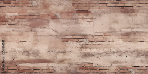 Old rustic brick wall with peeling plaster layers and exposed masonry surface texture