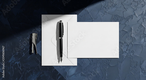 Blank white greeting card with fountain pen on blue texture desk