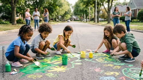 Diverse group of happy children painting together on a suburban street during a neighborhood community event