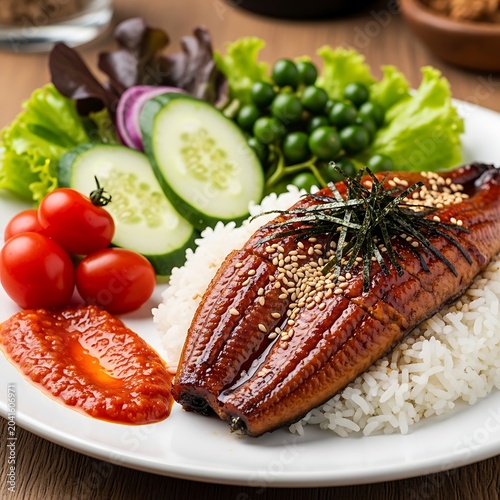 Glazed Grilled Eel Served with Rice and Fresh Salad on White Plate