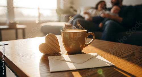 Coffee cup with wooden heart and envelope on table at morning