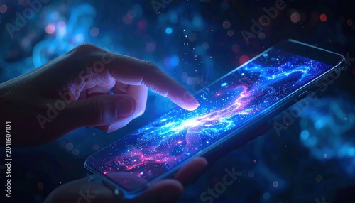 Finger interacting with a vibrant, glowing galaxy on a transparent touchscreen mobile device in a futuristic digital space
