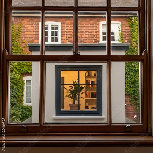 Warm Interior Window View Framing Brick Courtyard and Lit Apartment Window