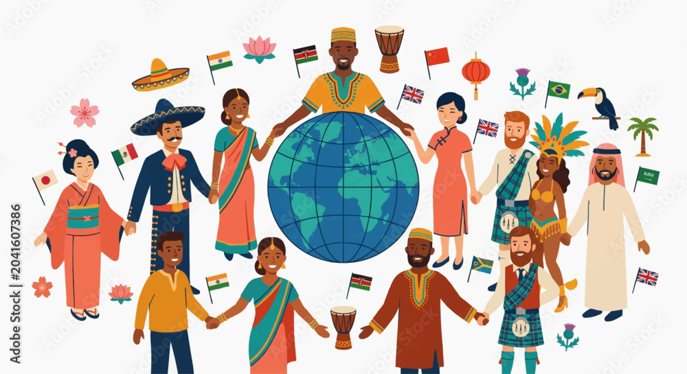 Fototapeta premium Global Multicultural People Holding Hands Around the World Flat Vector Illustration, Unity Diversity and Peace Concept