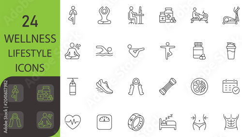 Fotografie wellness lifestyle icons set outline vector collection featuring fitness, yoga,