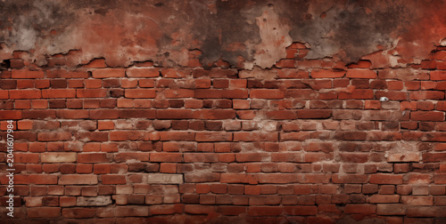 Distressed red brick wall with patches of peeling plaster
