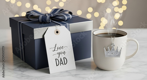 Fathers day gift box with love you dad tag and crown coffee mug