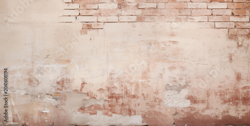 Weathered brick wall with remnants of white paint and plaster