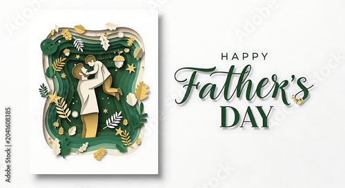 Paper cut fathers day card template with dad lifting son icon