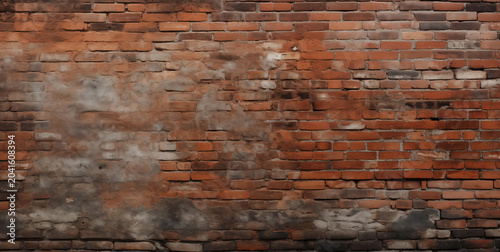 Patched brick wall with grey concrete and exposed red brick sections