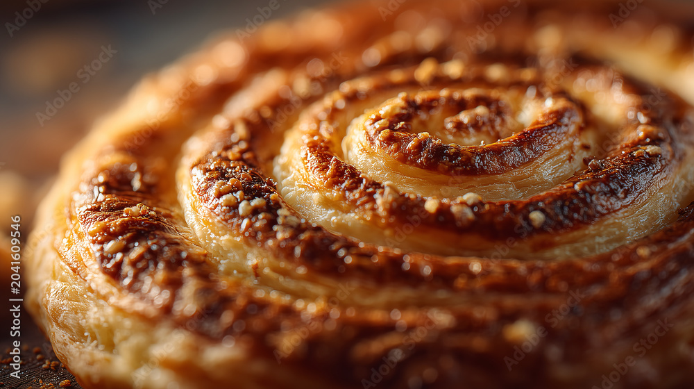Fototapeta premium Freshly Baked Spiral Pastry with Golden Brown Layers and Texture