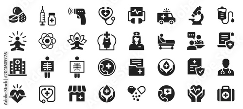 Healthcare and medical service filled icons set. Representing diagnostics, treatment, wellness, emergency care, and hospital support symbols.