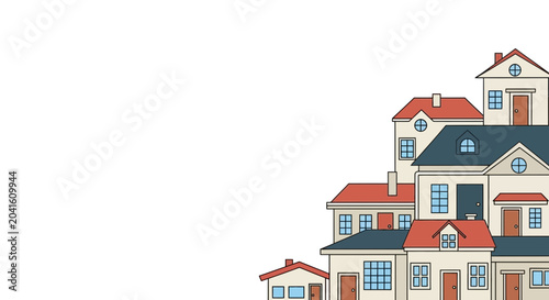 Cuadro en lienzo Cozy Cluster of Cartoon Houses with Red and Blue Roofs on White Background
